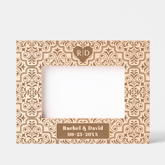 Damaskpatroon namen monogram en hart bruiloft gegraveerde lijstjes (Voorkant)