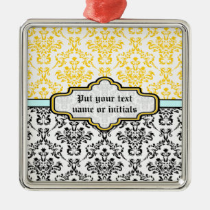 Damaskpatroon zwart wit geel aqua ornament