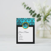 DAMASKQUARE MONOGRAM, blauwe turquase aquamarine Visitekaartje (Staand voorkant)