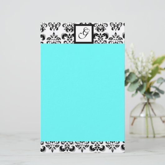 DAMASKQUARE MONOGRAM, blauwe turquase Briefpapier (Staand voorkant)