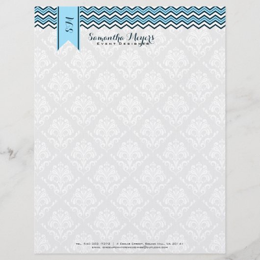 Damasks en Chevron blauw en wit Briefhoofd Ontwerp (Voorkant)
