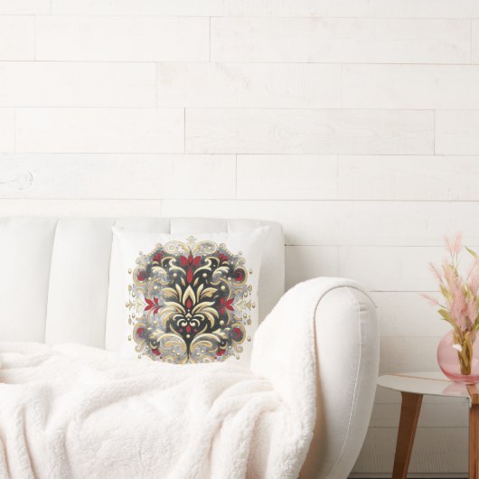 Damaskstijl in rood, goud en zwart kussen (Bank)