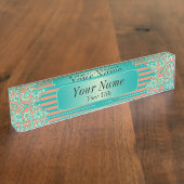 Damaspatroon in Blauwgroen en koraal | DIY-tekst Naambordje (Zijkant)