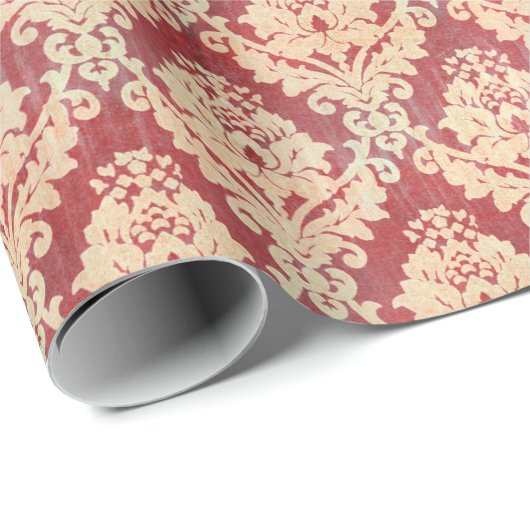  Damaspatroon in crème en rood Cadeaupapier (Rol Hoek)