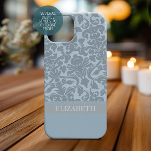 Damaspatroon met monogram - blauw iPhone 15 mini hoesje