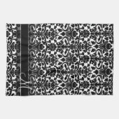 DamasPatroon met monogram - zwart en wit Theedoek (Horizontaal)