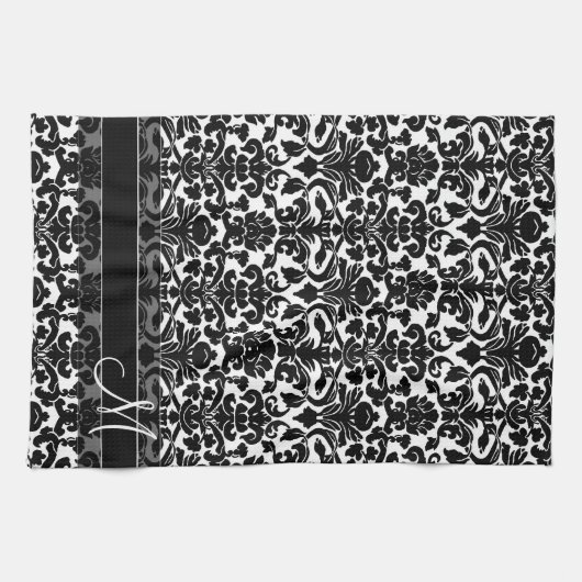 DamasPatroon met monogram - zwart en wit Theedoek (Horizontaal)