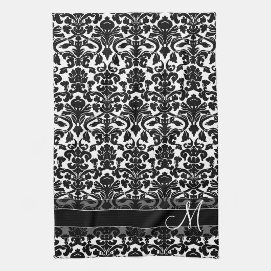 DamasPatroon met monogram - zwart en wit Theedoek (Verticaal)