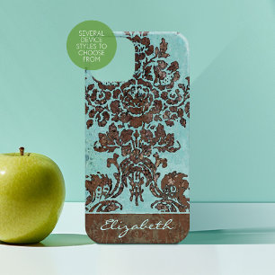  Damaspatroon met naam - blauwgroen grijs iPhone 16 Hoesje