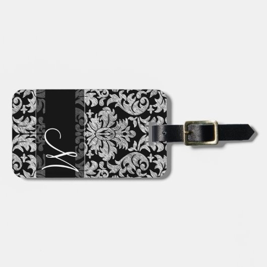 Damaspatroon met zwart monogram wit Bagagelabel (Voorkant horizontaal)