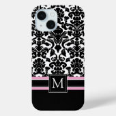 Damaspatroon met zwart roze monogram Case-Mate iPhone case (Achterkant)