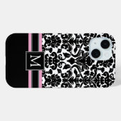 Damaspatroon met zwart roze monogram Case-Mate iPhone case (Achterkant (horizontaal))
