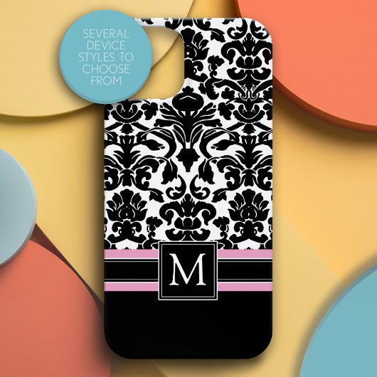 Damaspatroon met zwart roze monogram Case-Mate iPhone case