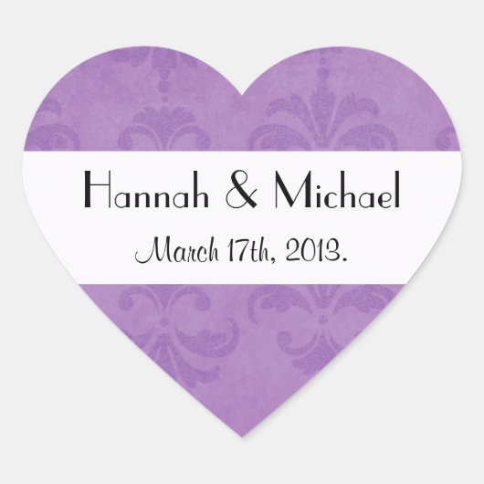 Damaspatroon, Paarse Damask, bruiloft Hart Sticker (Voorkant)