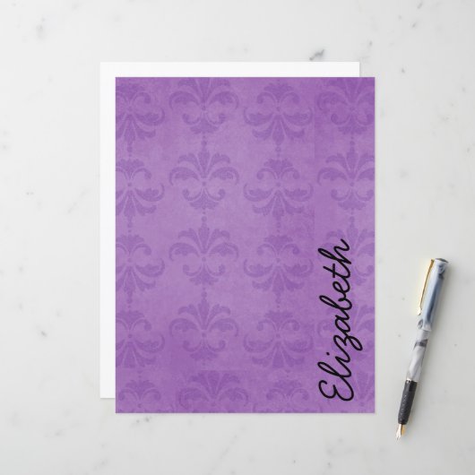 Damaspatroon, Paarse Damask, Jouw naam (Voorkant / Achterkant in situ)