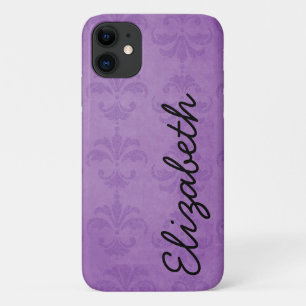 Damaspatroon, Paarse Damask, Jouw naam iPhone 11 Hoesje
