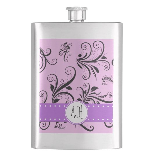 Damaspatroon, roze Damask, Monogram Heupfles (Voorkant)