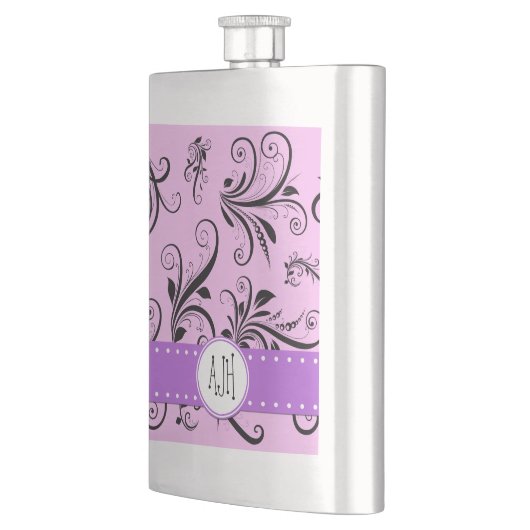 Damaspatroon, roze Damask, Monogram Heupfles (Links)