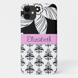 DamasPatroon, zwart-wit Damask, Jouw naam Case-Mate iPhone Case