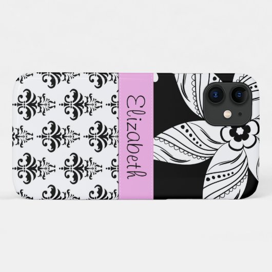 DamasPatroon, zwart-wit Damask, Jouw naam Case-Mate iPhone Case (Achterkant (horizontaal))
