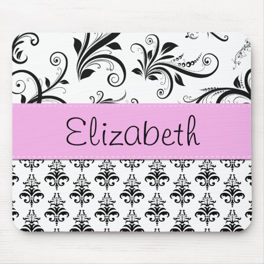DamasPatroon, zwart-wit Damask, Jouw naam Muismat (Voorkant)