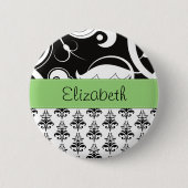 DamasPatroon, zwart-wit Damask, Jouw naam Ronde Button 5,7 Cm (Voorkant)