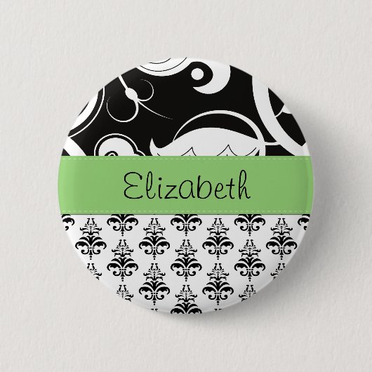 DamasPatroon, zwart-wit Damask, Jouw naam Ronde Button 5,7 Cm (Voorkant)