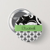 DamasPatroon, zwart-wit Damask, Jouw naam Ronde Button 5,7 Cm (Voorkant /achterkant)