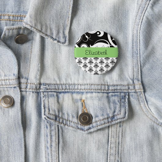 DamasPatroon, zwart-wit Damask, Jouw naam Ronde Button 5,7 Cm (In situ)