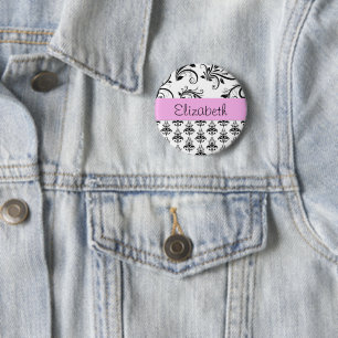 DamasPatroon, zwart-wit Damask, Jouw naam Ronde Button 5,7 Cm