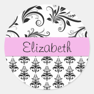 DamasPatroon, zwart-wit Damask, Jouw naam Ronde Sticker