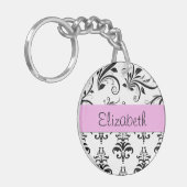DamasPatroon, zwart-wit Damask, Jouw naam Sleutelhanger (Voorkant Links)