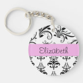 DamasPatroon, zwart-wit Damask, Jouw naam Sleutelhanger (Voorkant)
