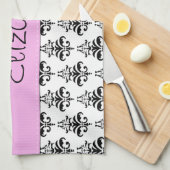 DamasPatroon, zwart-wit Damask, Jouw naam Theedoek (Quarter Fold)