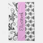 DamasPatroon, zwart-wit Damask, Jouw naam Theedoek (Verticaal)