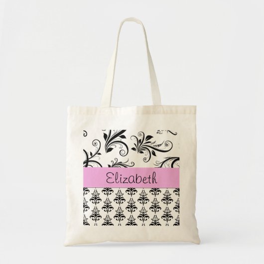 DamasPatroon, zwart-wit Damask, Jouw naam Tote Bag (Voorkant)