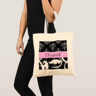 DamasPatroon, zwart-wit Damask, Jouw naam Tote Bag