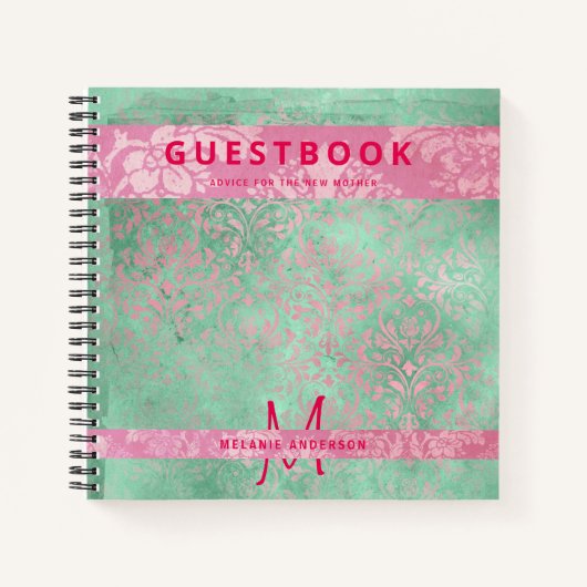 Damasroze Mint Green Baby shower Guest Book Notitieboek (Voorkant)