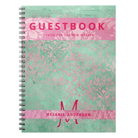 Damasroze Mint Green Baby shower Guest Book Notitieboek (Voorkant)