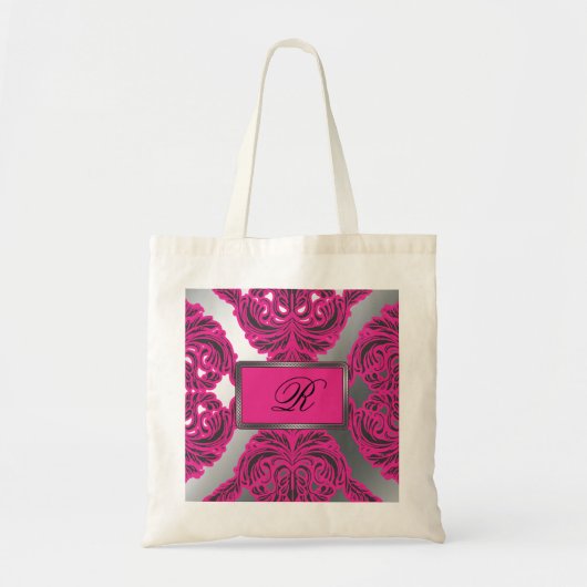 Damasroze, zwart, zilver Tote Bag (Voorkant)