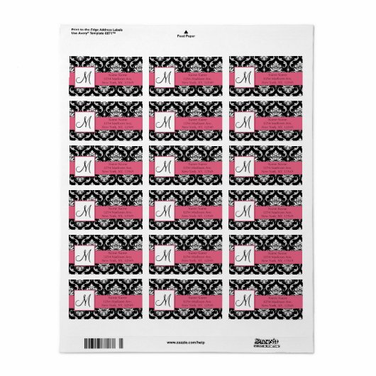 Damast Adres Label Honeysuckle Pink Monogram (Full Sheet)
