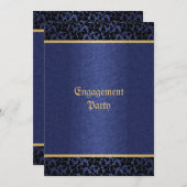 Damast blauw goud elegante trouwfeest kaart (Voorkant / Achterkant)