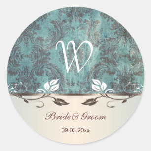 Damast blauwachtig groen bruin Bruiloft monogram S Ronde Sticker
