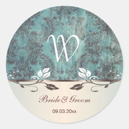 Damast blauwachtig groen bruin Bruiloft monogram S Ronde Sticker (Voorkant)