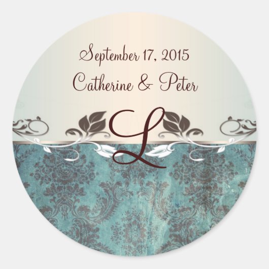 Damast blauwachtig groen bruin monogram Sticker (Voorkant)