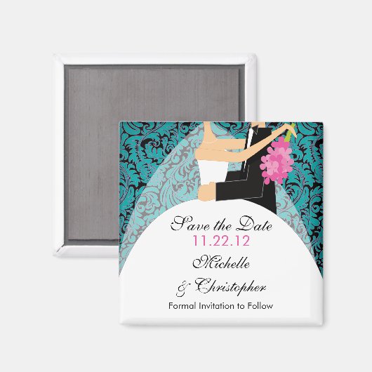 Damast bruid & bruidegom sparen de datummagneet magneet (Voorkant / Achterkant)