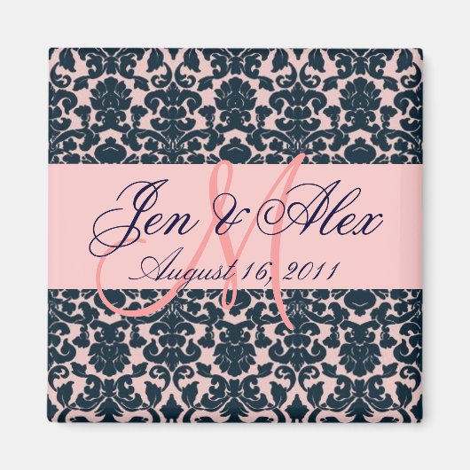 Damast bruiloft monogram roze marine magneet (Voorkant)