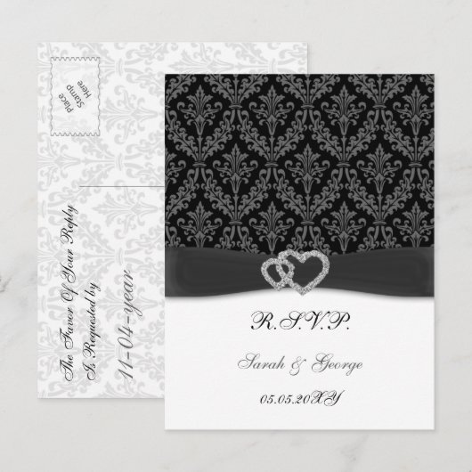 damast diamante houtskool bruiloft RSVP Uitnodiging Briefkaart (Voorkant / Achterkant)
