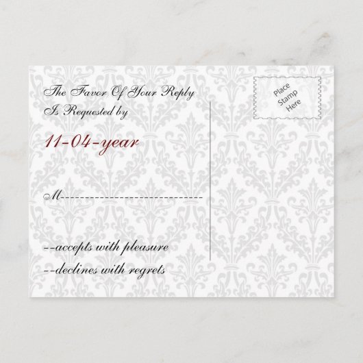 damast diamante rode bruiloft RSVP Uitnodiging Briefkaart (Achterkant)