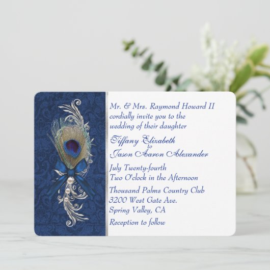 Damast en pauwenveer bruiloft uitnodiging (Staand voorkant)